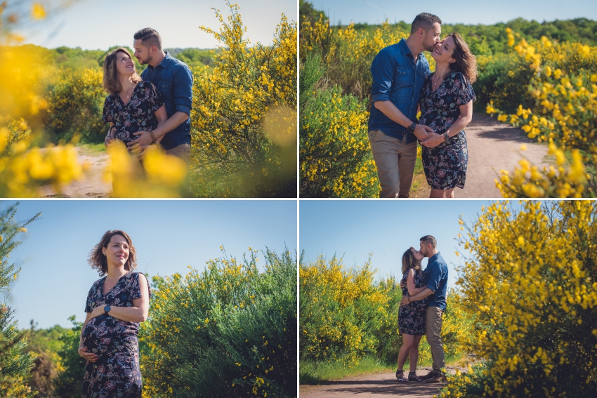 Couple amoureux photographié en extérieur au milieu des fleurs